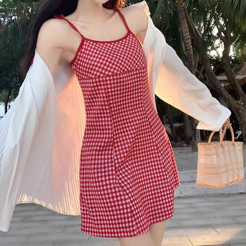 Women's Dress Plaid Slip Dress Lace-up Shoulder Strap Backless Beach Dress