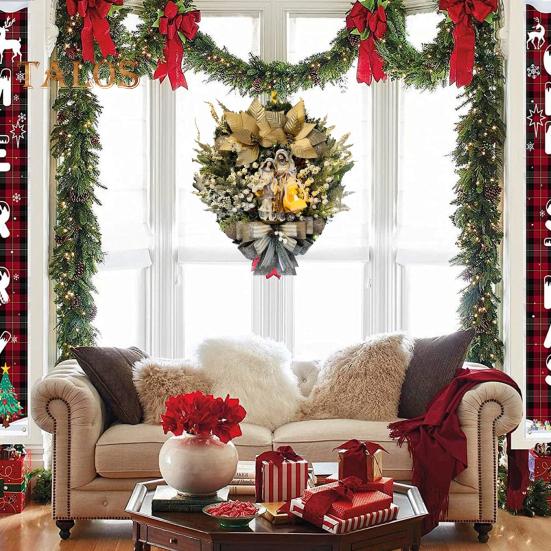 Венок Святого Семейства, рождественский венок с искусственными ягодами, шишкой, зимний религиозный венок на входную дверь с фигуркой Иисуса для дома