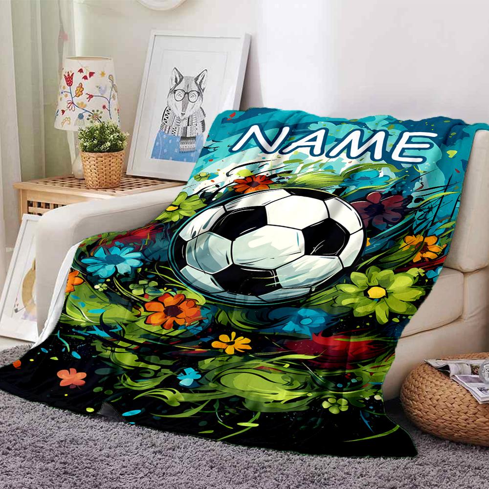Custom Name Soccer Theme Printed Blanket - Perfect for Couch, Bed, Travel & Outdoor Use | Machine Washable, Cozy & Durable.