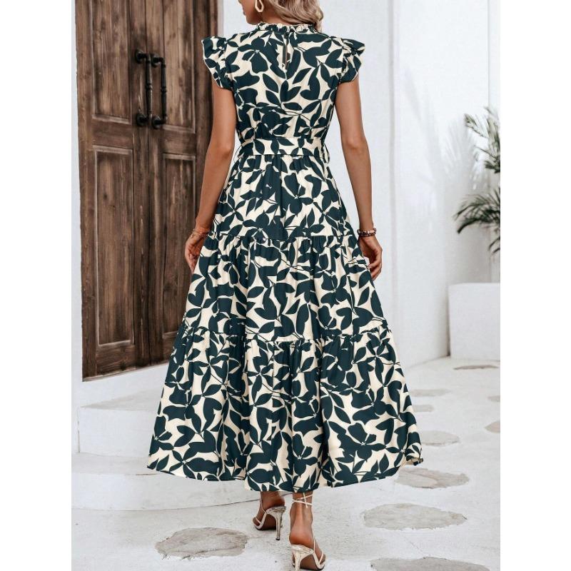 VEZFAA Женская мода лето весна цветочный узор принт короткий рукав полуводолазка высокая талия повседневные платья