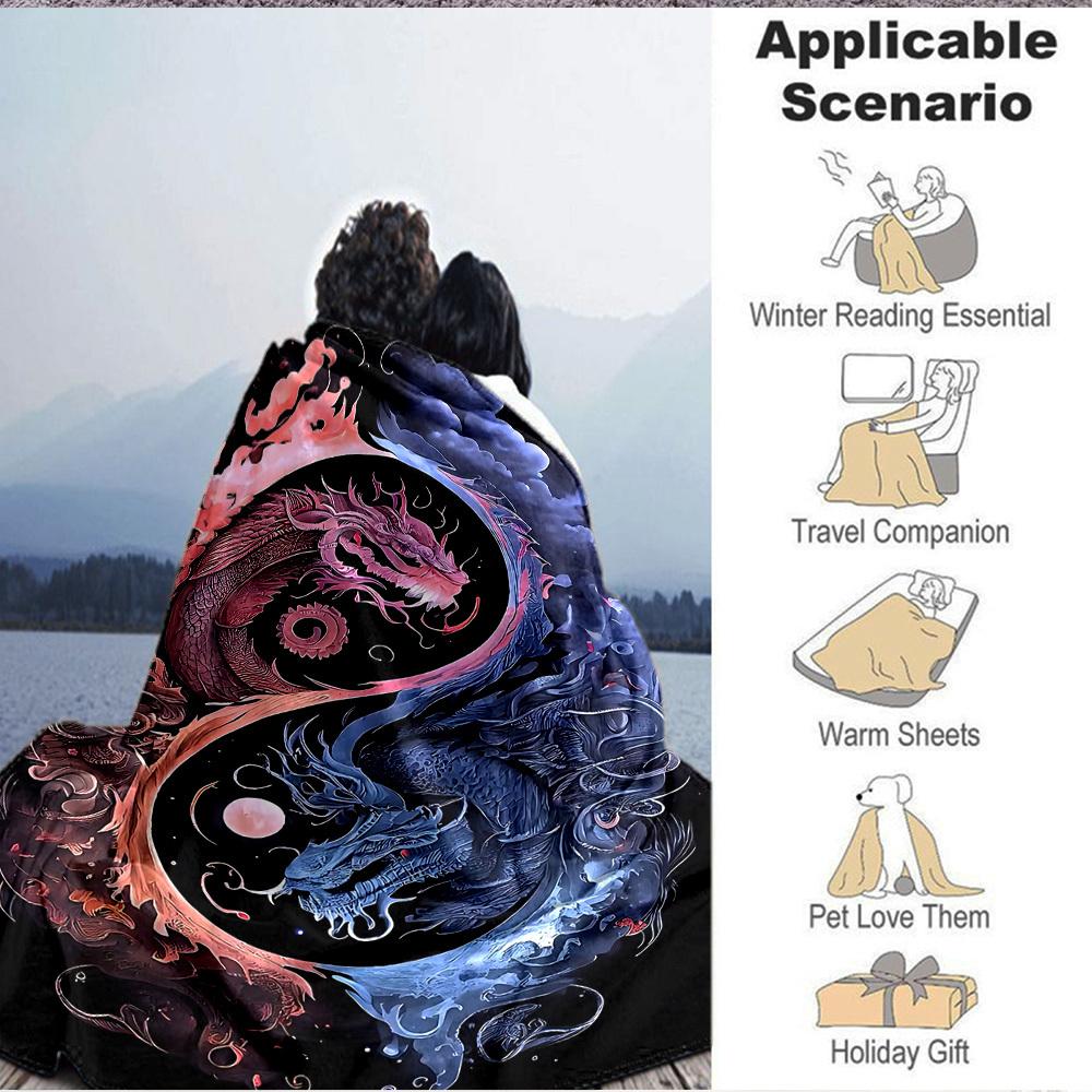 1pc Yin Yang Dragon Blanket, Lightweight Flannel Throw For Sofa, Bed, Travel, Camping, Livingroom, Office, Couch, Chair