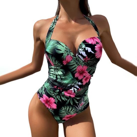 Women Summer Sexy Monokini Halter Backless Floral Print One-piece Swimsuit Quick Drying