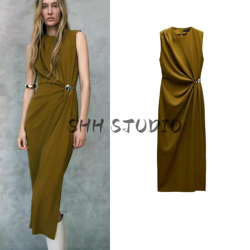 Spring New Women's Clothing French Style Ruched Decoration Temperament Crew Neck Sleeveless Midi Skirt Dress 5029067