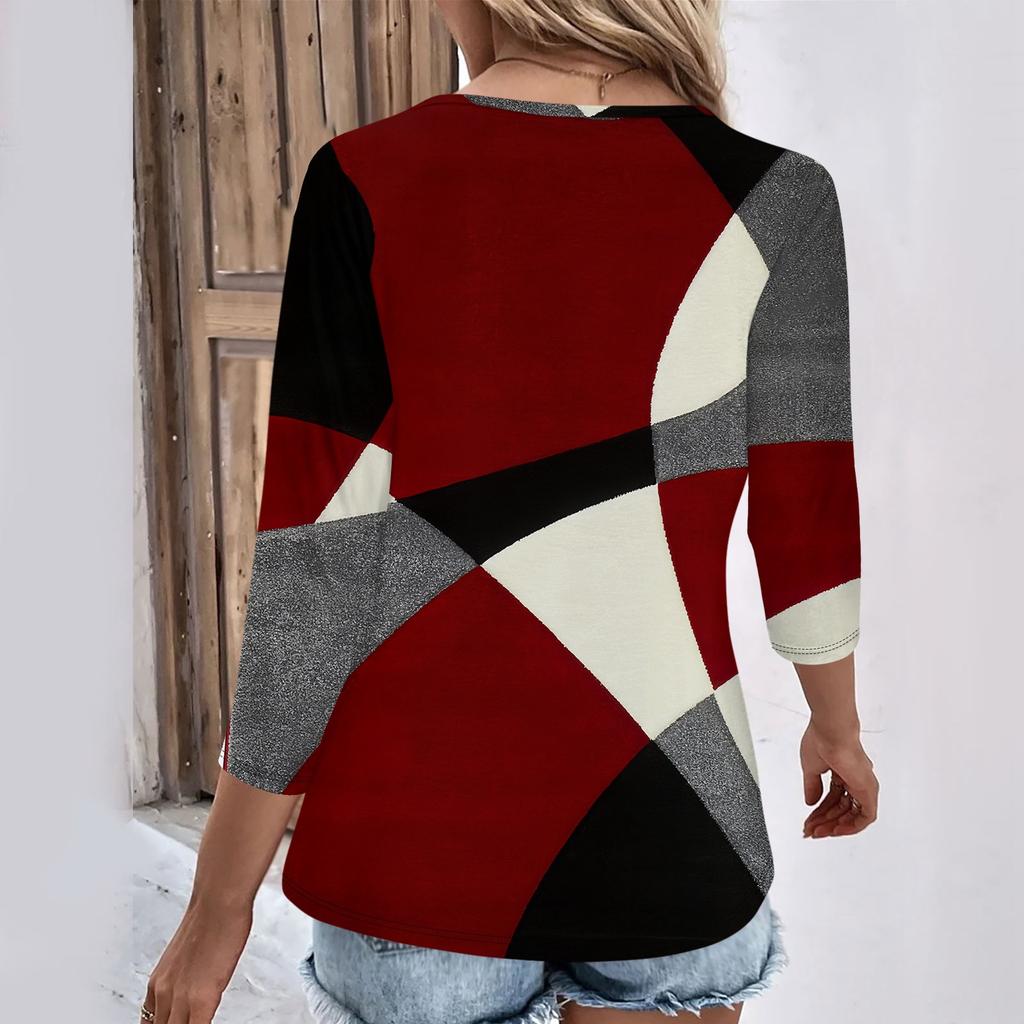 Женские повседневные футболки с рукавом 3/4 для выходных с V-образным вырезом и принтом, свободные плиссированные футболки, женская блузка