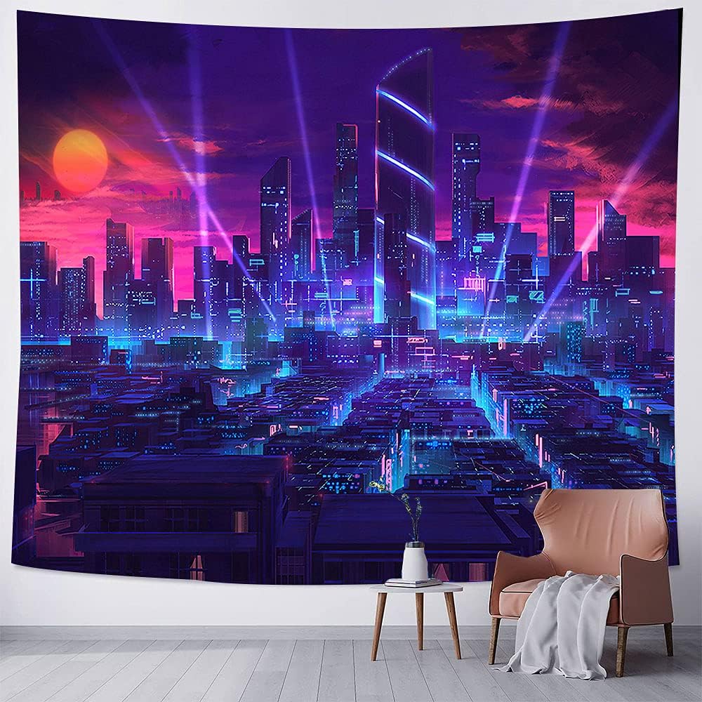 Vibrant Neon City Skyline Tapestry Wall Decor Modern Abstract Urban Night View Digital Print Polyester Art for Living Room Bedro
