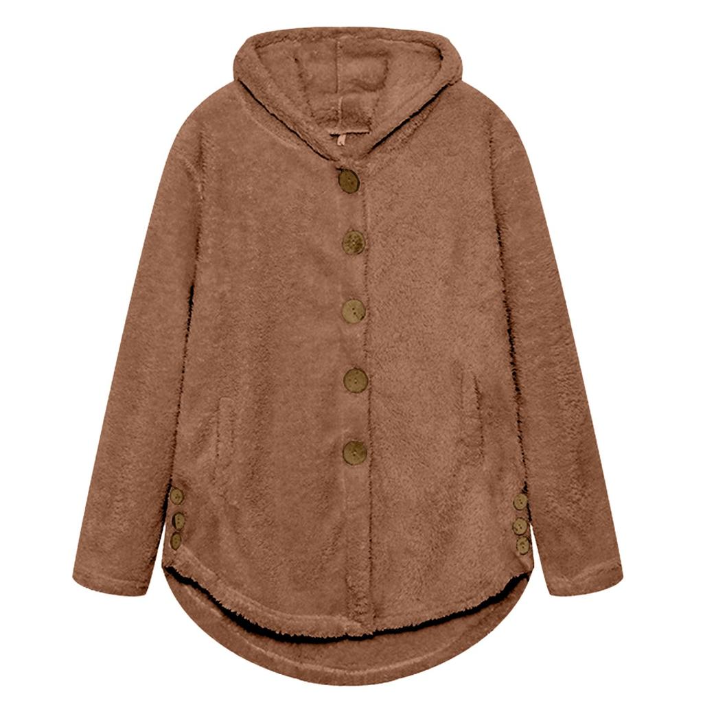 Женская свободная повседневная однотонная плюшевая куртка с капюшоном и длинными рукавами на пуговицах, модная куртка