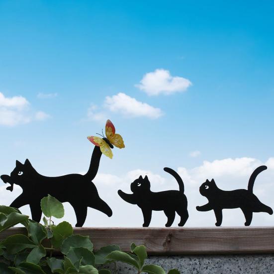 Yousheng Garden Cat Signs Metal Black Cat Silhouette Statues Bird Repellent Outdoor Decor Cat Mother And Kids Signs for Yard Lawn Decorations