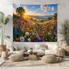 Wildflower Meadow Tapestry Colorful Flower Field Wall Hanging Mountain Sunset Landscape Cottagecore Nature Wall Decor