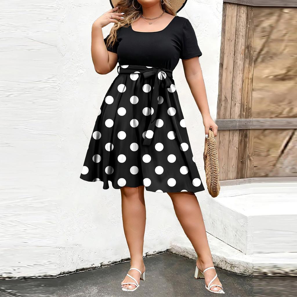 Женское модное и трендовое платье с круглым вырезом и короткими рукавами на талии с принтом размера плюс