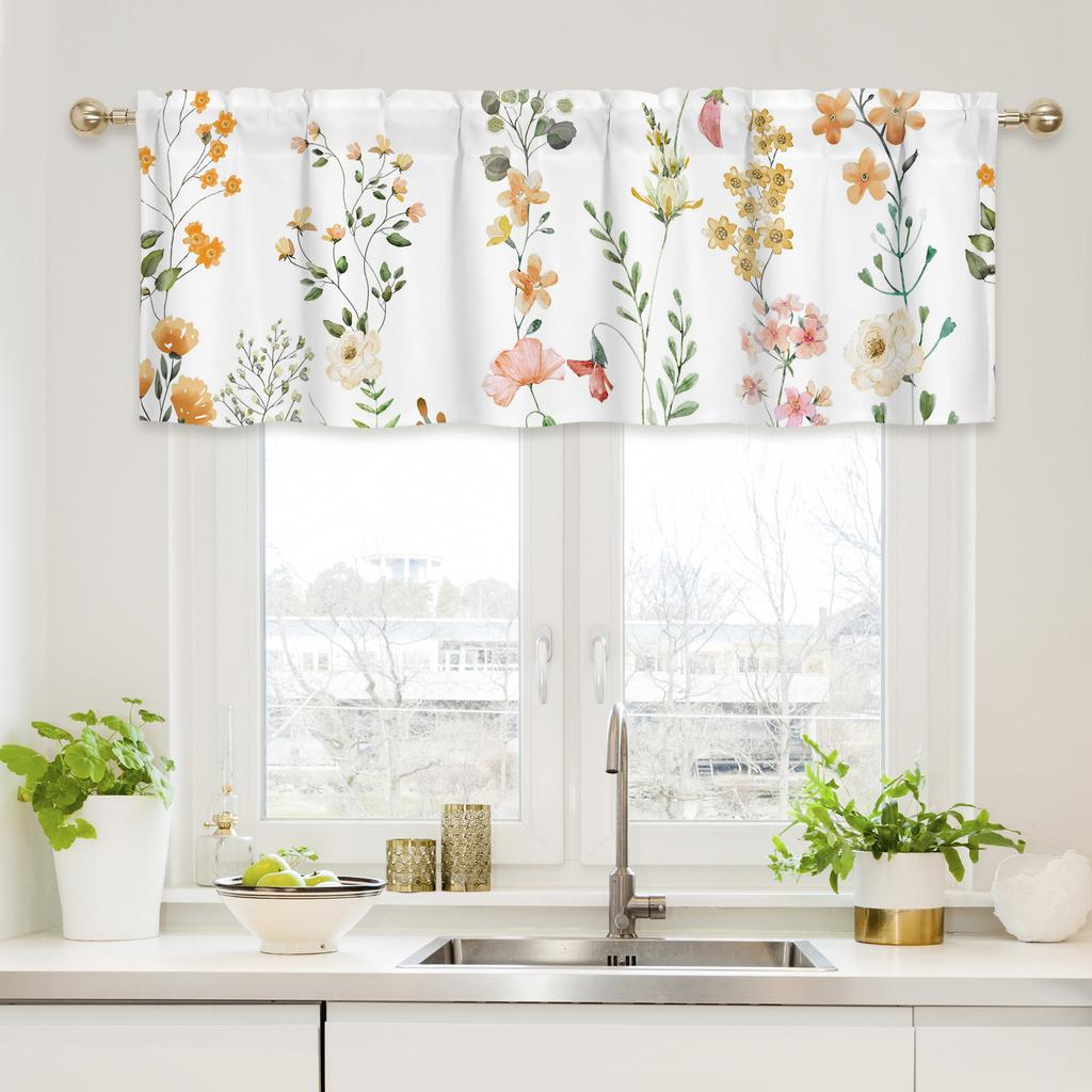 Curtain Valance, Wildflowers Spring Watercolor Flower Floral Print Plants Short Rod Pocket Window Treatment for Living Room, Bedroom, Kitchen,Bathroom
