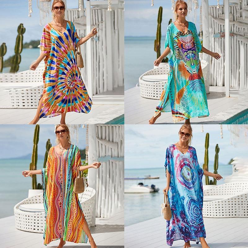 Plus Size Boho Cover Up, Women's Plus Painting Print Bat Sleeve V Neck Split Hem Maxi Cover Up Dress
