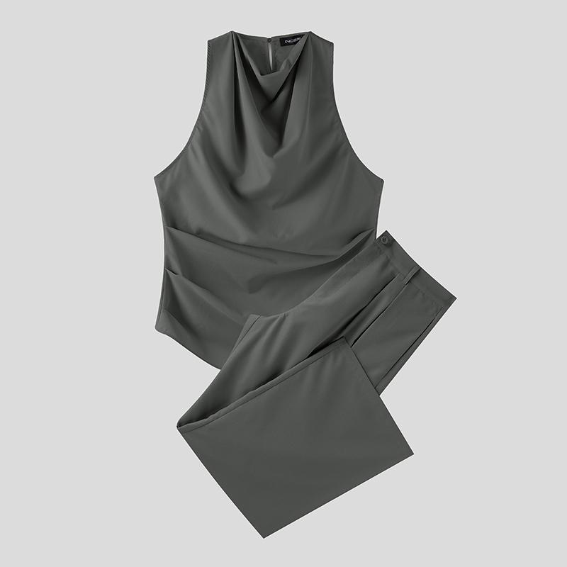 INCERUN Two Pieces Sets Men Swing Collar Sleeveless Ruffled Tanks Long Pants Outfits
