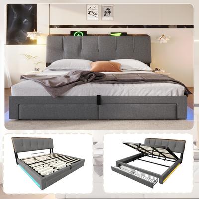 Upholstered Bed, 180x200 Cm, Hydraulic Storage, With USB Type-C Charging, Without Mattress, LED Lighting, Push-Button/App Control, Linen, Gray