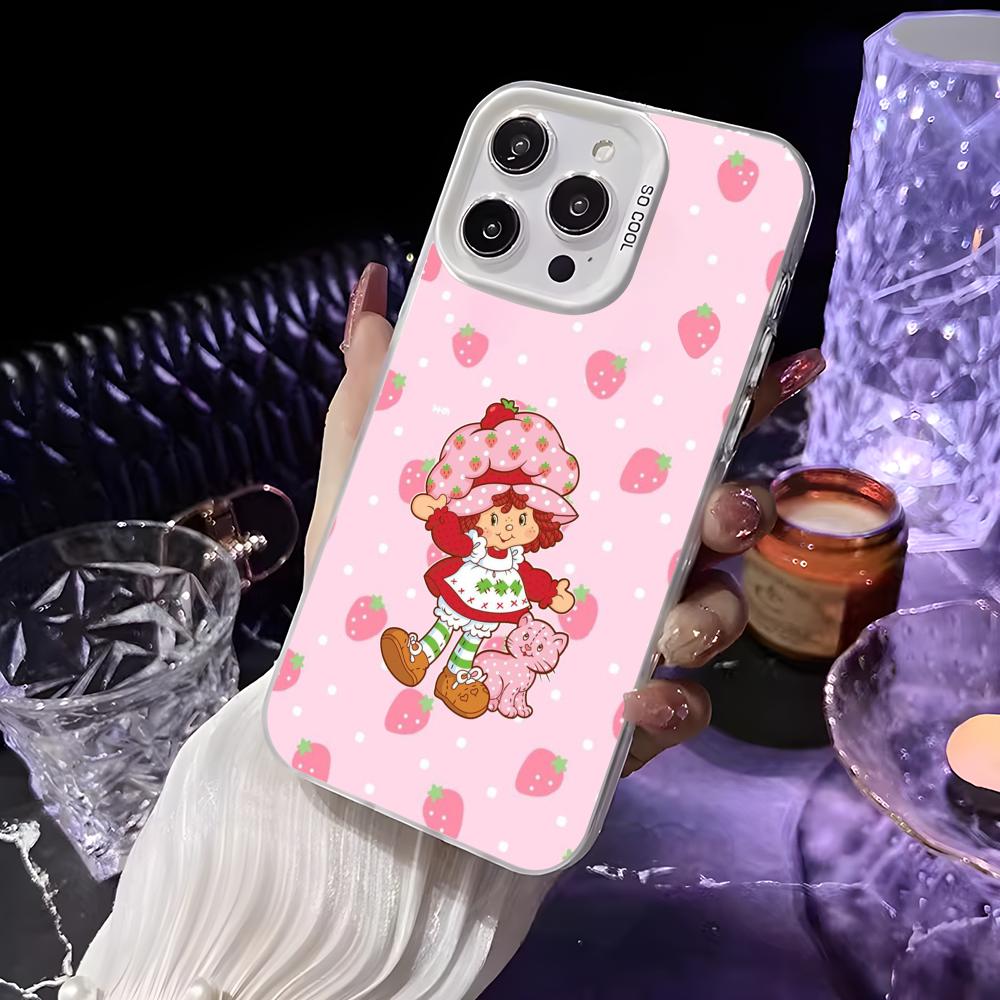 Розовая Клубничная Мультяшная S-Shortcake Чехол Для Телефона Для iPhone 16 15 14 13 12 11 Pro Max Белый Матовый Лазерный Металлик Аврора Funda