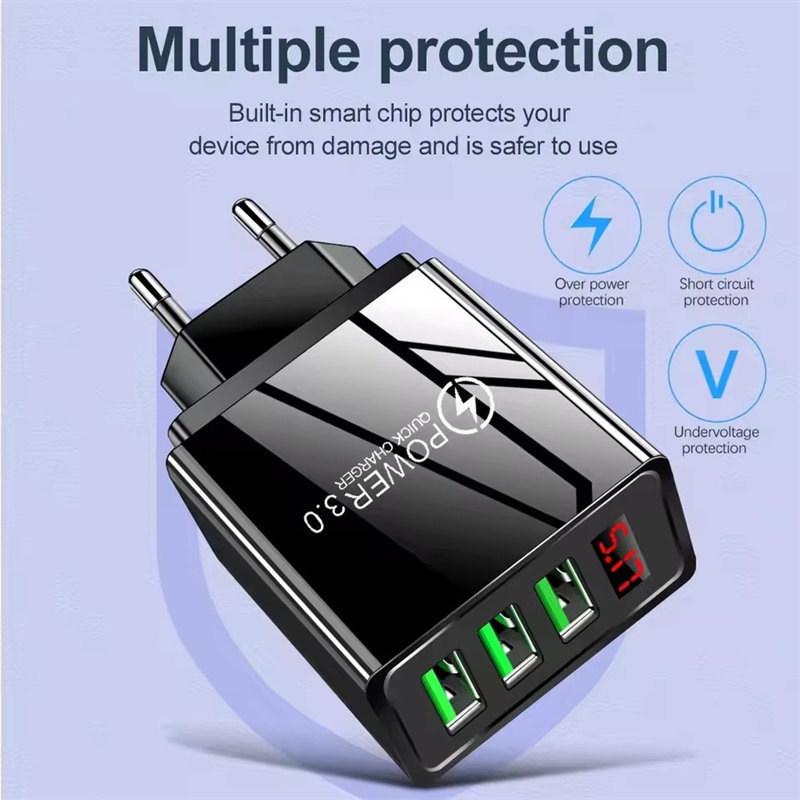 3 Ports USB Charger Quick Fast Charging Wall Adapter with LED Digital Display For Samsung S23 Xiaomi 14 Pro Huawei Mate 60 Redmi