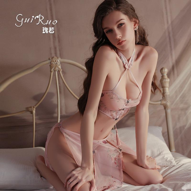 Women's Chiffon Sheer Deep V Backless Chinese Style Top Skirt Lingerie Set