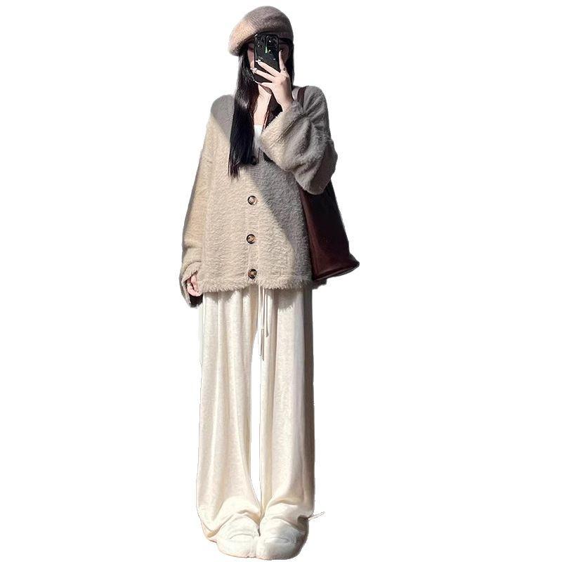 Женские трикотажные брюки с высокой талией и широкими штанинами Petite 145 - Весенне-осенние повседневные брюки свободного кроя с прямыми штанинами из клейкой рисовой ткани 150.