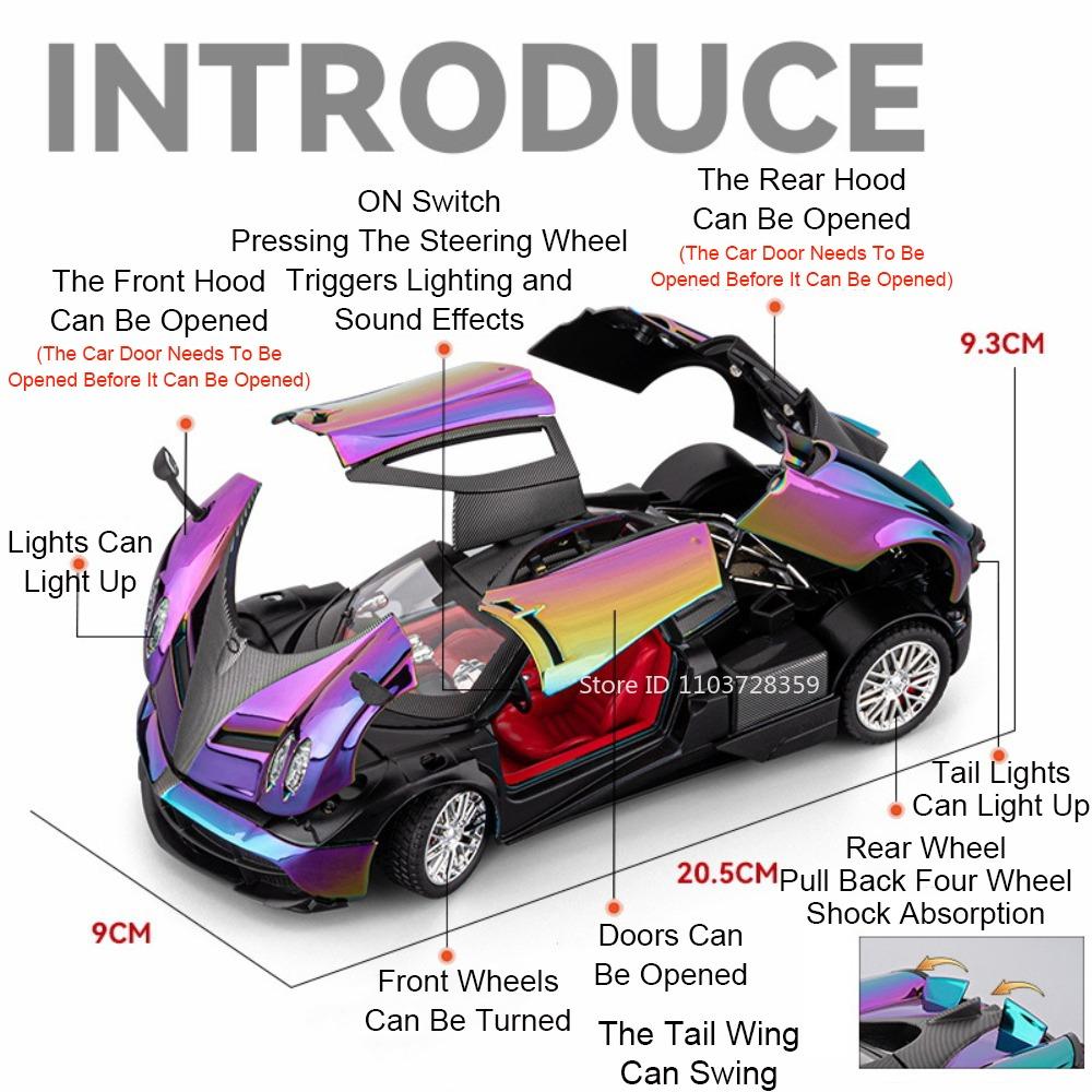 1:24 модели игрушечных спортивных автомобилей Pagani Huayra Zonda, литые из сплава, мини-суперкары, со звуком и светом, открывающиеся двери, инерционный механизм, подарки для мальчиков
