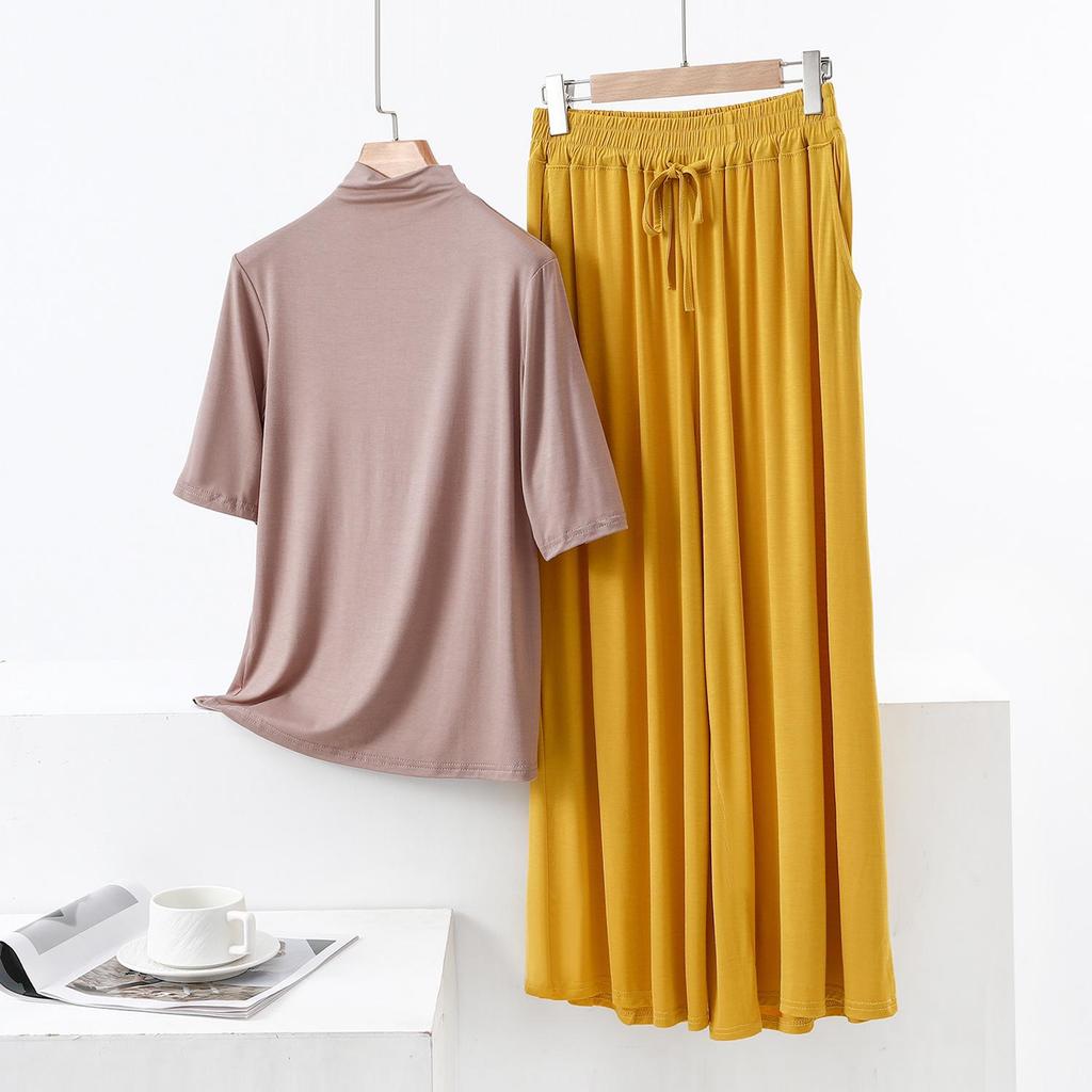 Модальная футболка с полувысоким воротником и рукавом пять четвертей и широкие брюки с карманами, повседневный двухпредметный комплект большого размера для женщин