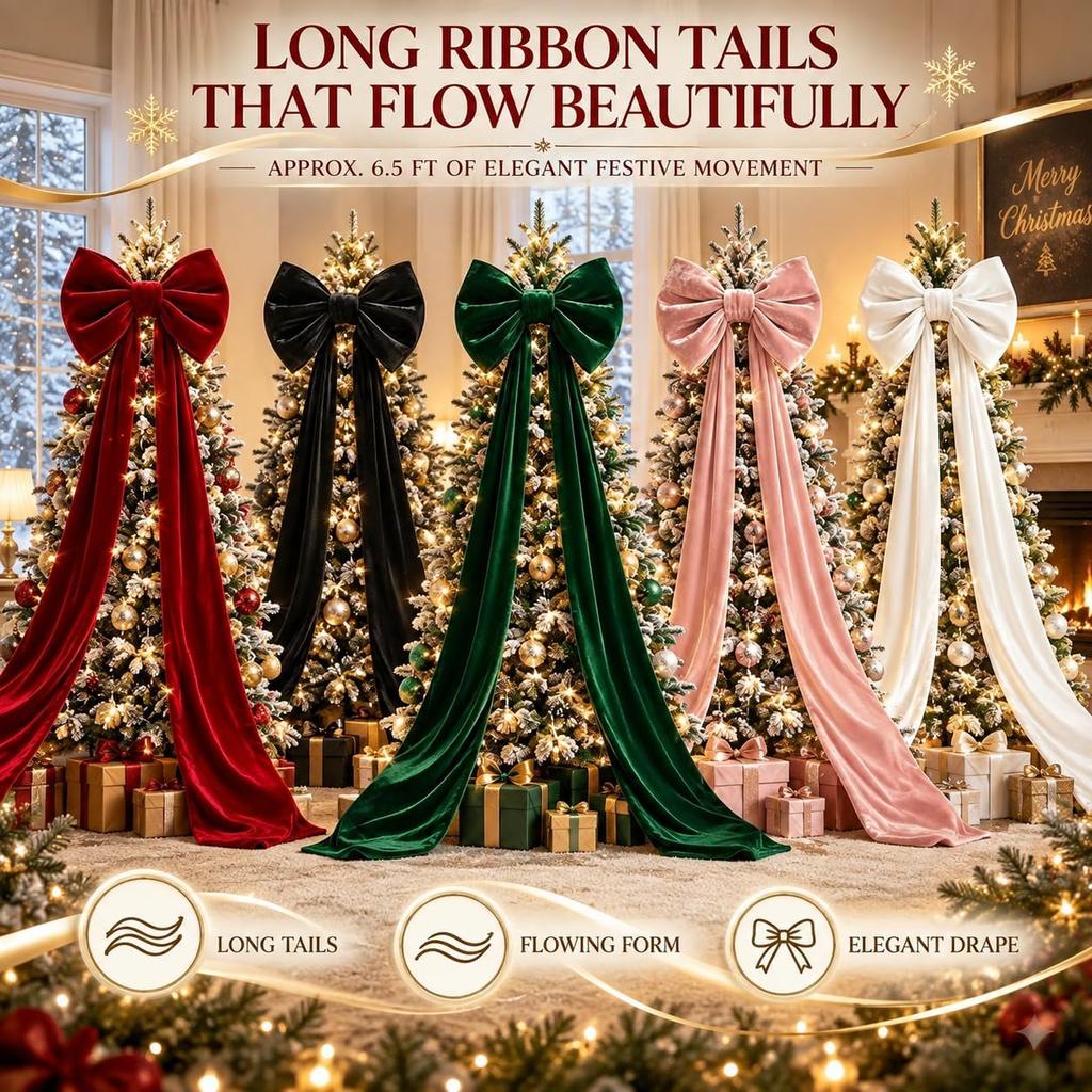 Large Velvet Christmas Tree Topper Bow200CM Giant Holiday Decoration for Indoor Outdoor Festive Tree Styling with Luxurious Plush Texture, Oversized