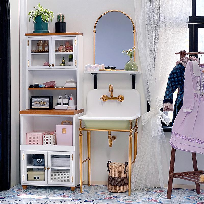 1:6 Dollhouse Miniature Kitchen Sink Lavatory Washbasin Water Faucet Bathroom Mirror Wash Sink Pot Model Diy Furniture Toy Decor