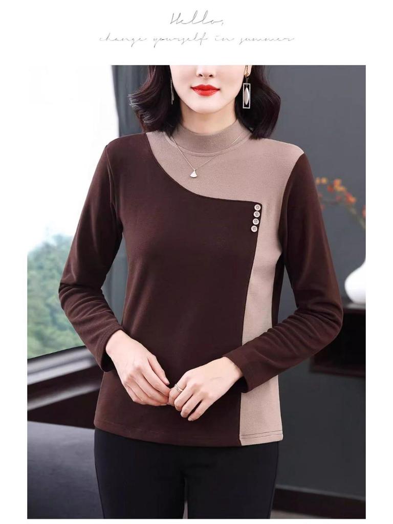 Round Neck Long Sleeve German Velvet Color Block T-shirt for Autumn and Winter