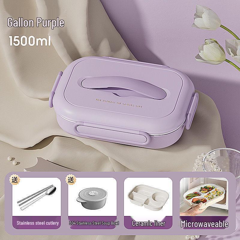 Insulated Ceramic & Stainless Steel Bento Box: Microwave-Friendly Lunch Box for Office & School, Divided for Easy Meal Storage.