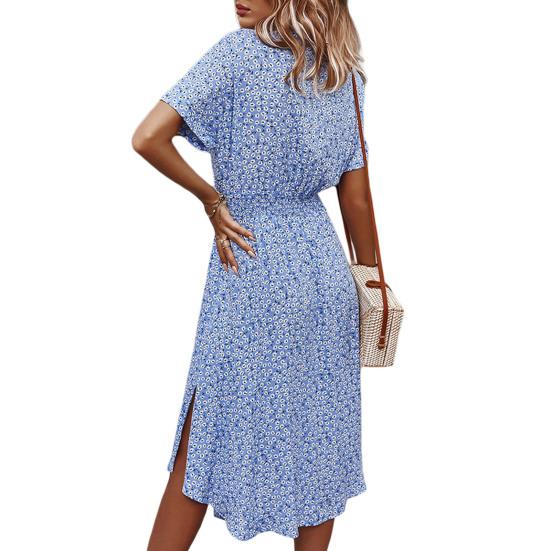Women Summer Floral Midi Dress Short Sleeve Button Down Belted Dress Casual V Neck Shirt Dress with Slit Hem