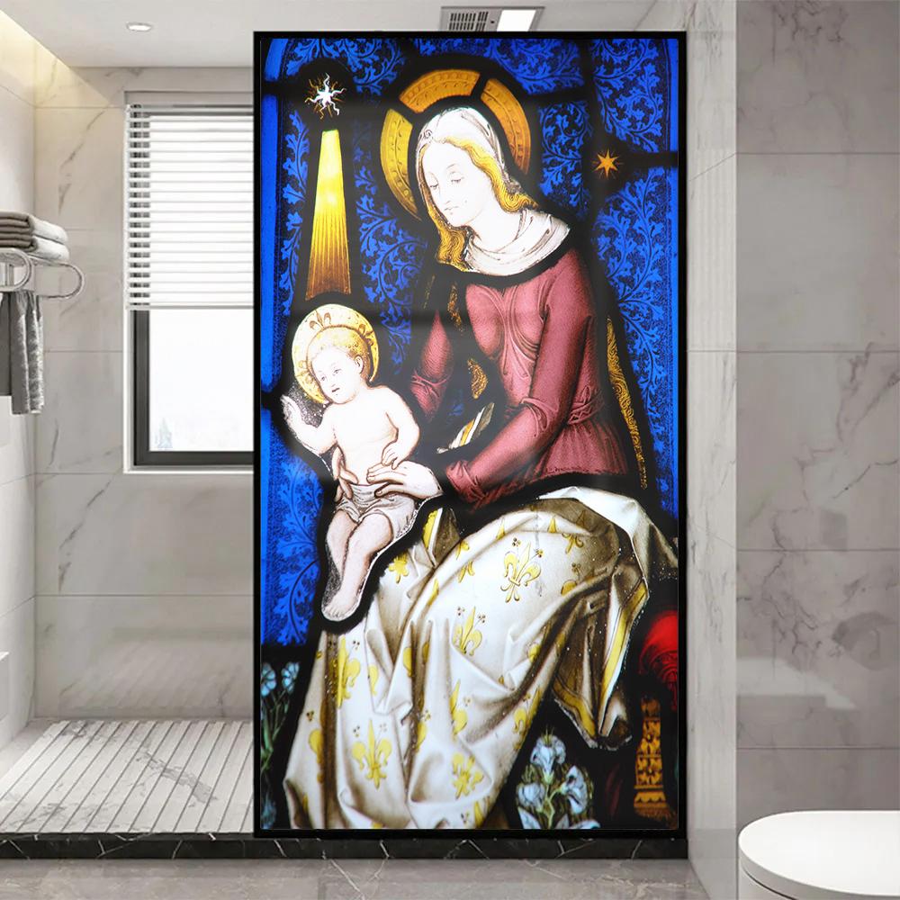 Church Stained Glass Decals Window Film Privacy Heat Insulation and Anti UV Blocking Static Cling Window Sticker for Home J7
