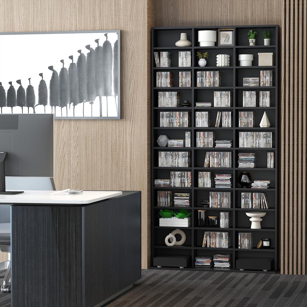 1116 CD/ 528 DVD Storage Unit, Media Storage Shelf, Wooden Display Unit with Adjustable Shelves, 102 x 195 cm, Black