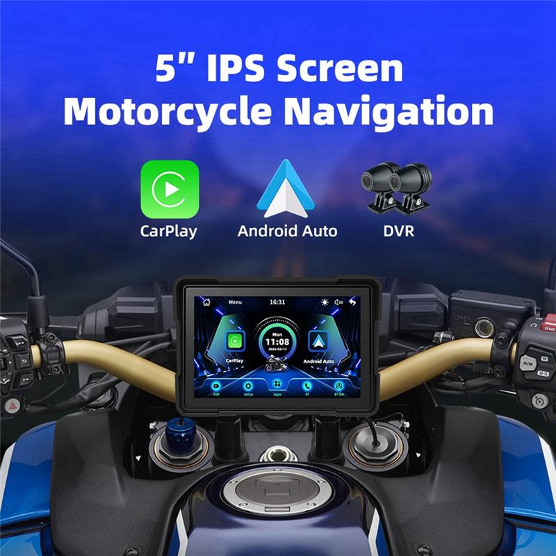 Authentic Wireless Carplay Motorcycle Android Auto 5 Inch Motorcycle GPS Navigation Waterproof Dual BT Dual CAM Recorder