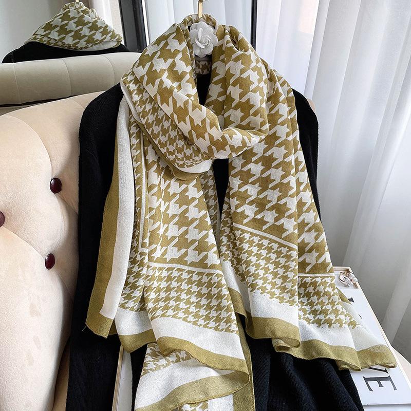 Korean Version of Houndstooth Women's Spring and Summer Sun Protection Shawl Cotton and Linen Beach Towel