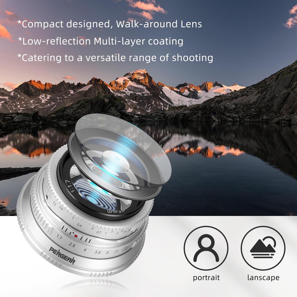 Pergear 25mm Large Aperture Manual Camera Compact and Ideal for Everyday Street and Landscapes F1.7 APS-C Lens, Lightweight, Photography, Portraits,