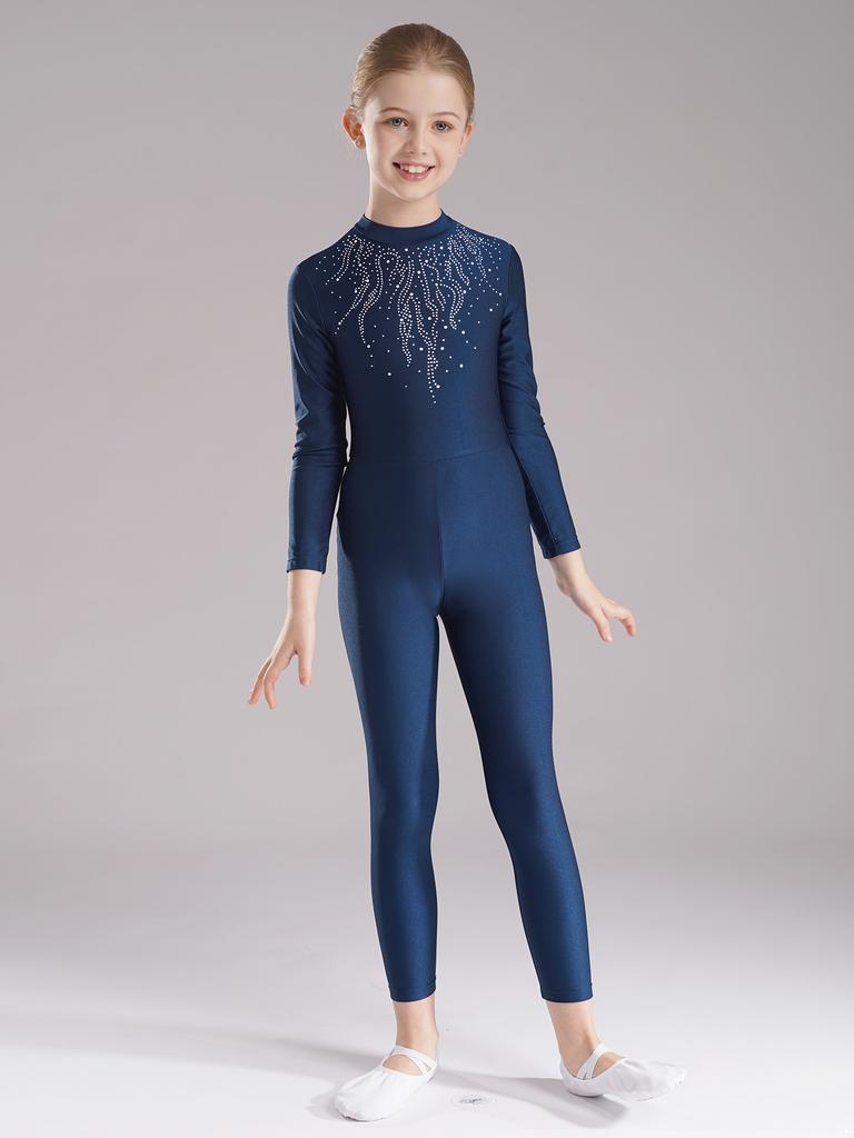 Комбинезон с длинными рукавами и стразами для девочек, балета, гимнастики, акробатики, йоги, растяжки на все тело, фигурного катания