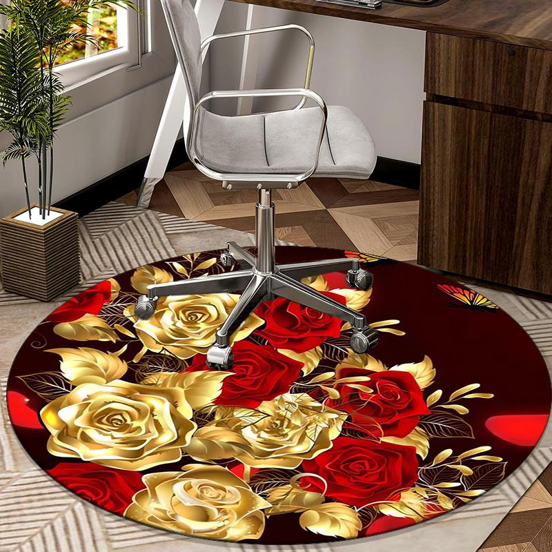 Golden Rose Wreath Design round carpet Chair cushion Round Entryway Rug, Soft Round Rugs for Living Room, Bedroom, Circle Carpet decor gifts