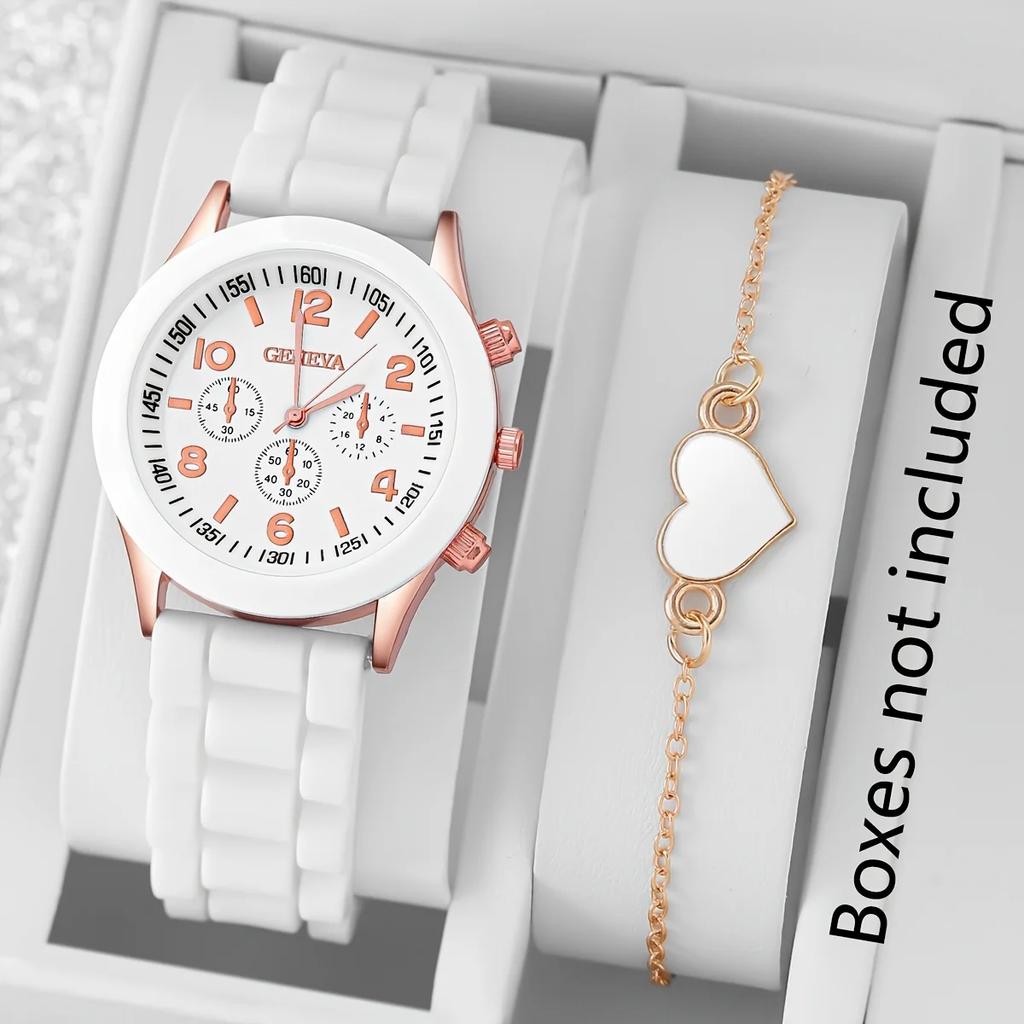 Набор из 2 браслетов для часов, элегантные кварцевые часы с силиконовым ремешком, подходят для повседневной носки, идеальный подарок для друзей и семьи