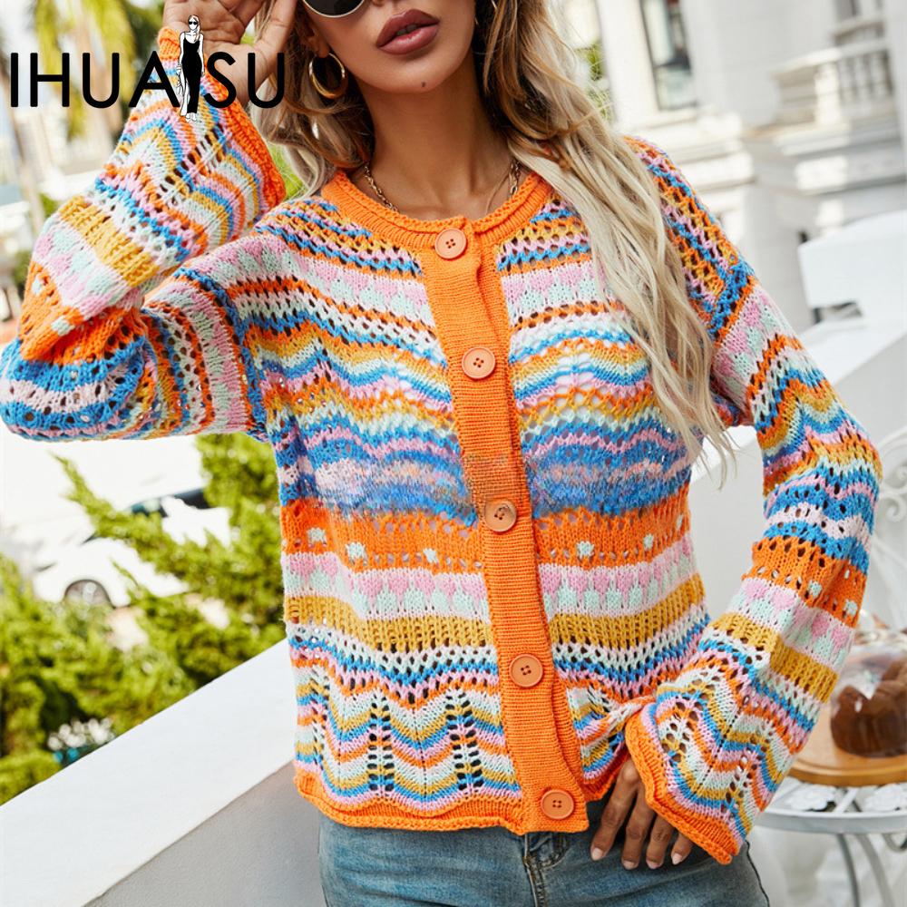 IHUASU Women's Autumn and Winter Striped Sweater Women Loose Rainbow Knit Cardigan