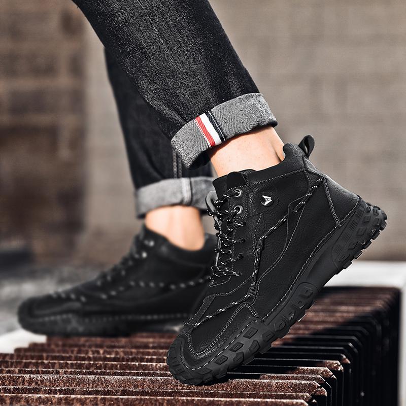 38-46 Модные зимние ботинки для мужчин, плюшевые кожаные ботинки с ручным швом, высокие походные ботинки, нескользящие, теплые, мужские ботинки, большие