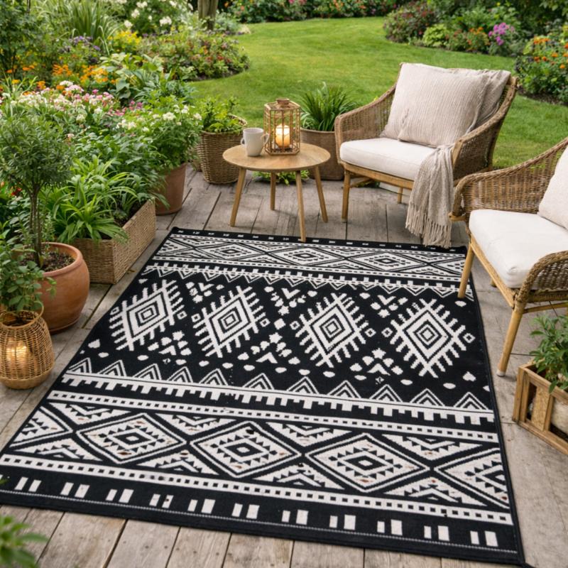 Waterproof Outdoor Patio Carpet 120X180 Black and White Ethno [Dywan13]