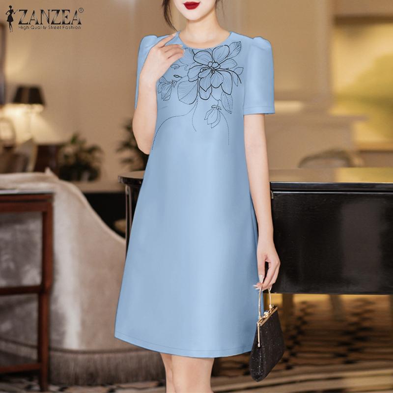 ZANZEA Женское летнее повседневное платье с коротким рукавом и круглым вырезом с принтом