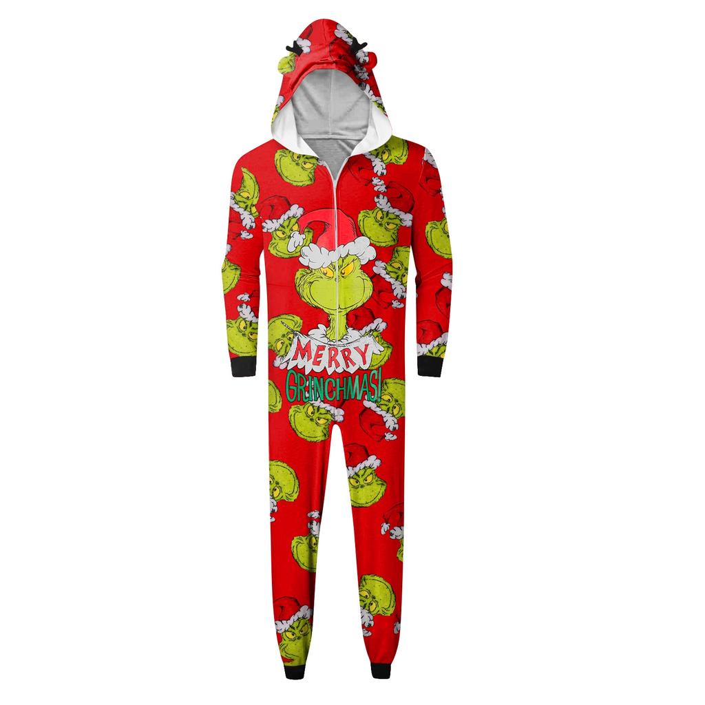 Christmas Print Family Matching Hooded Long Sleeved Zippered Jumpsuit Set