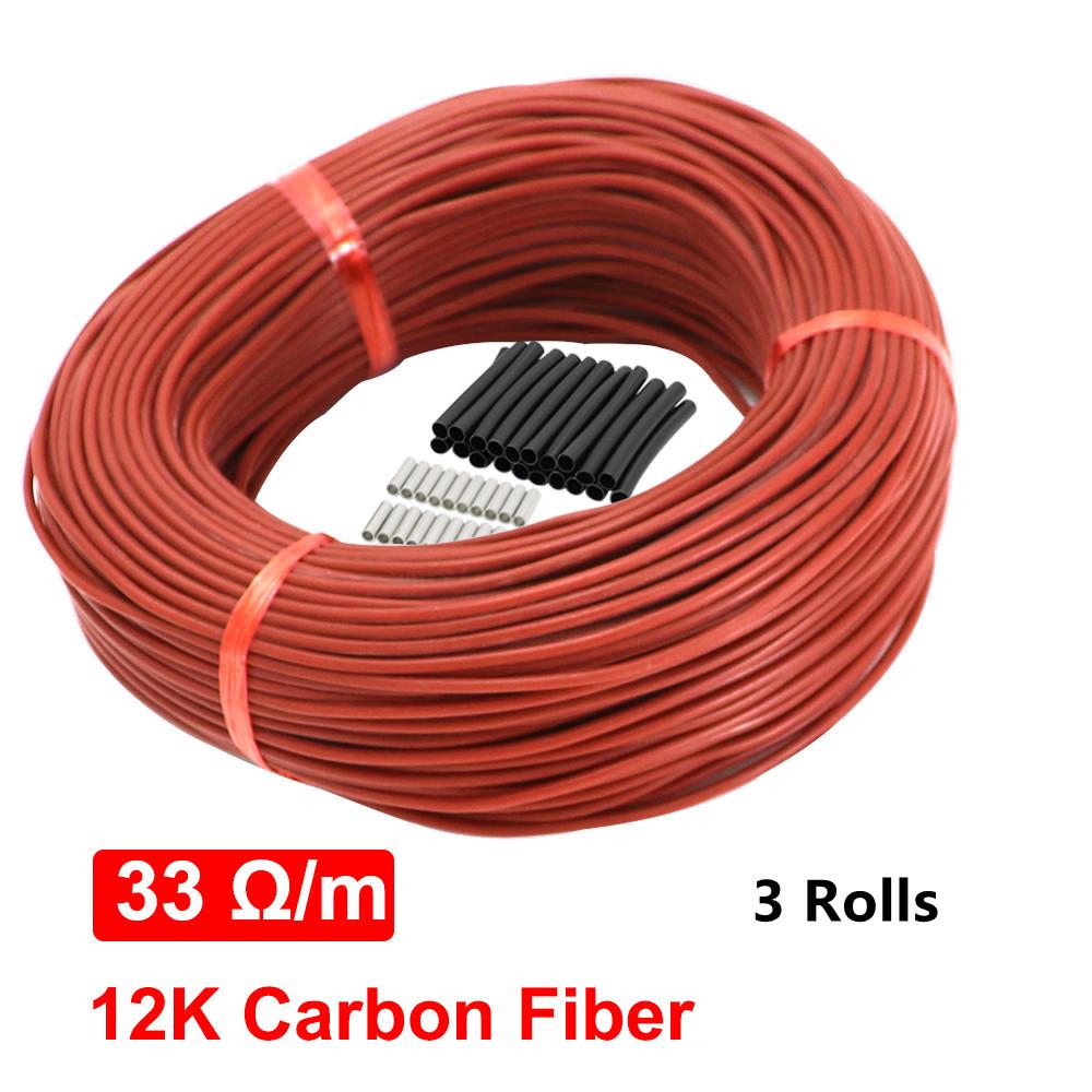 Нагревательный кабель для пола, 300 м, 12 К, нагревательные провода из углеродного волокна, 33 Ом/м, 3 рулона по 100 м