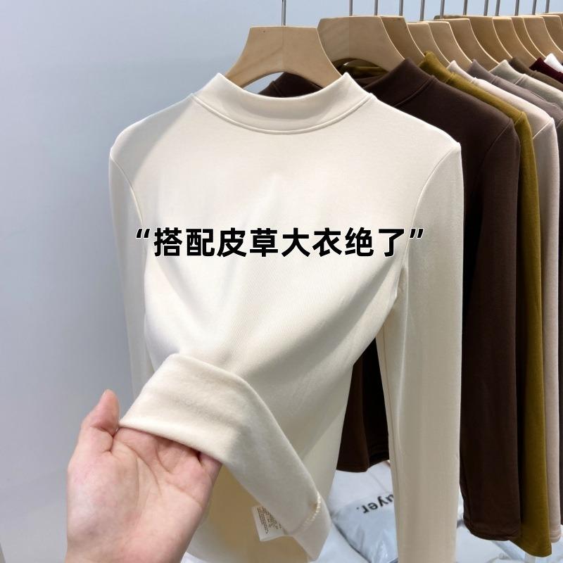 Теплая полированная базовая водолазка с маленькой стойкой, женская весенняя облегающая футболка с длинным рукавом для ношения под одеждой, тонкий бархатный базовый топ