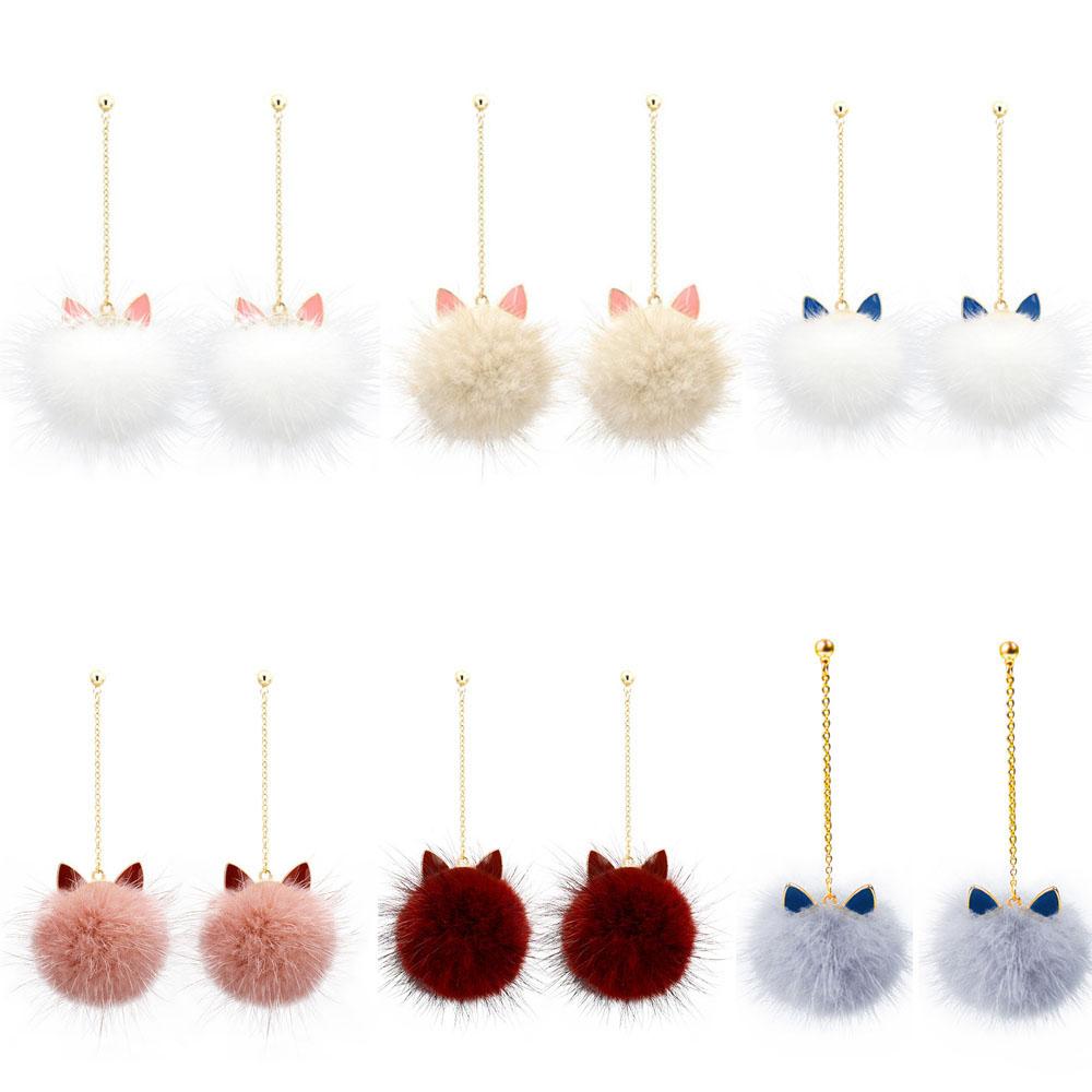 Statement Mink Fur Ball Plush Korean Brincos Fashion Jewelry Long Drop Earrings Dangle Earrings