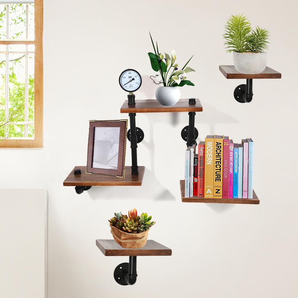 5-Tier Industrial Wall Mounted Storage Rack – Metal Frame & Wood Shelves – 44 lbs Load Capacity per Tier – Black & Brown