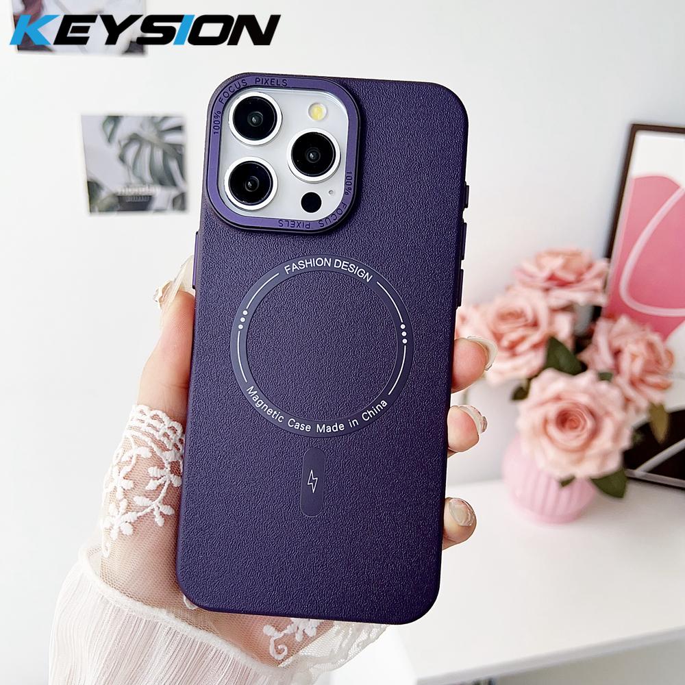 KEYSION Матовый кожаный текстурный жесткий ПК чехол для телефона для MagSafe для iPhone 13 14 Pro Max 14 Plus Магнитная противоударная задняя крышка