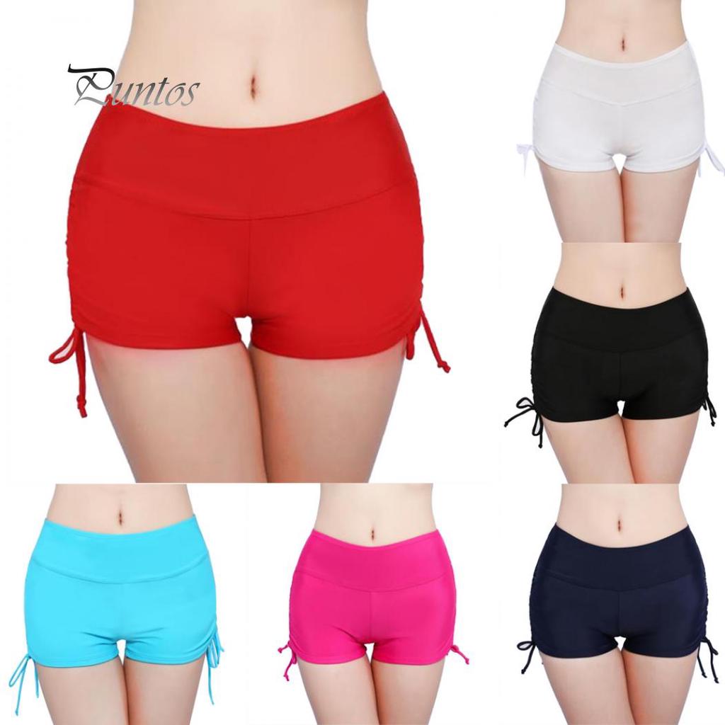 Global Selling Women Solid Color Bikini Bottom Side Pleated Bandage Swim Shorts