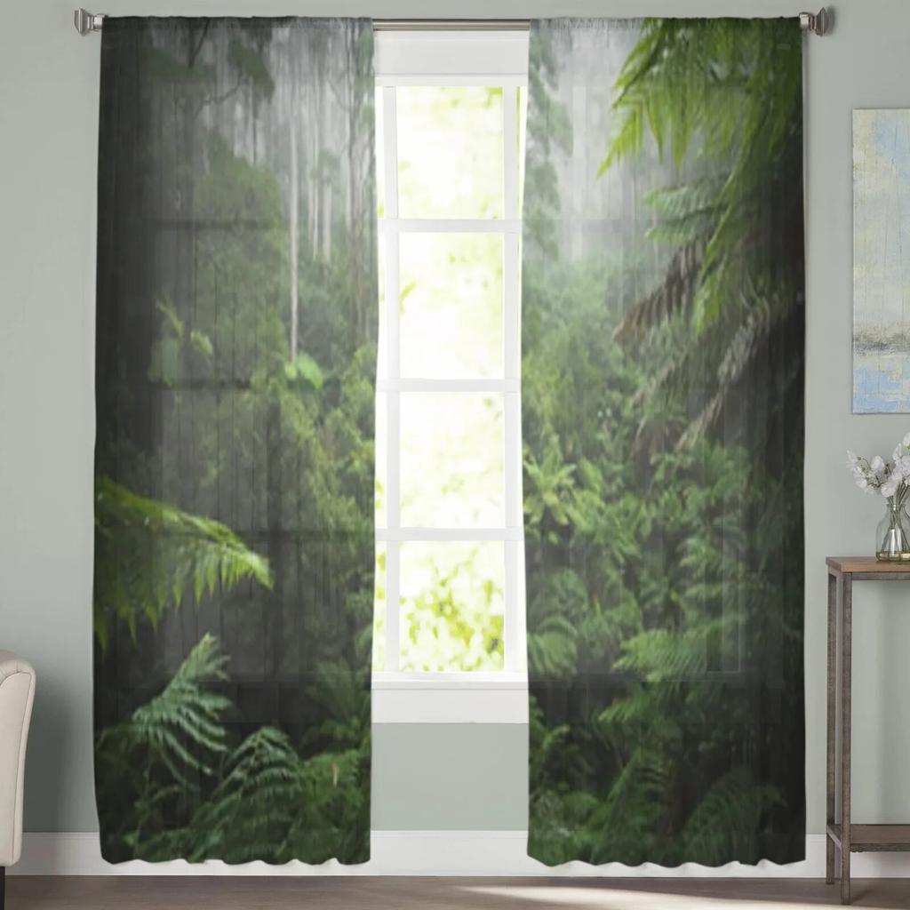 Прозрачные шторы с тропическим лесом и утренним туманом для гостиной, окна, прозрачная вуаль, тюлевая занавеска, шторы для спальни, домашний декор