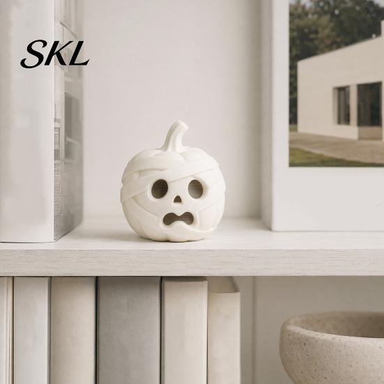 Modern 3D Printed Home Decor Mummy Pumpkin Skull Figurine for Halloween Decorations, Small Tabletop Accents with Funny Expressions Office Desk