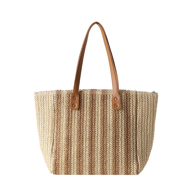 Striped Straw Shoulder Bag for Women Beach Bag Holidays Shopping Casual Tote New Summer Design